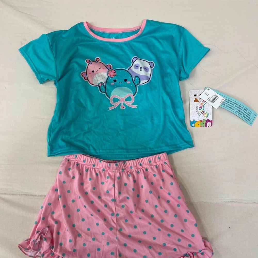 Smilie Mallows pink with blue polka dots kids pajama set size M (7/8)